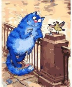 Blue Cat Drinking With Bird Painting By Number