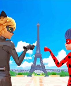 ladybug and cat noir in Paris paint by number