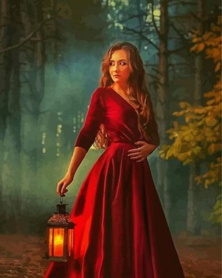 Woman In Red Dress Holding Lantern Paint By Numbers