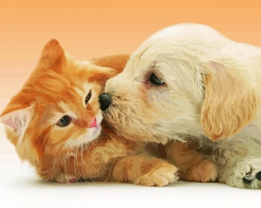 Cute Tabby Kitten And Golden Spaniel Puppy Paint By Numbers