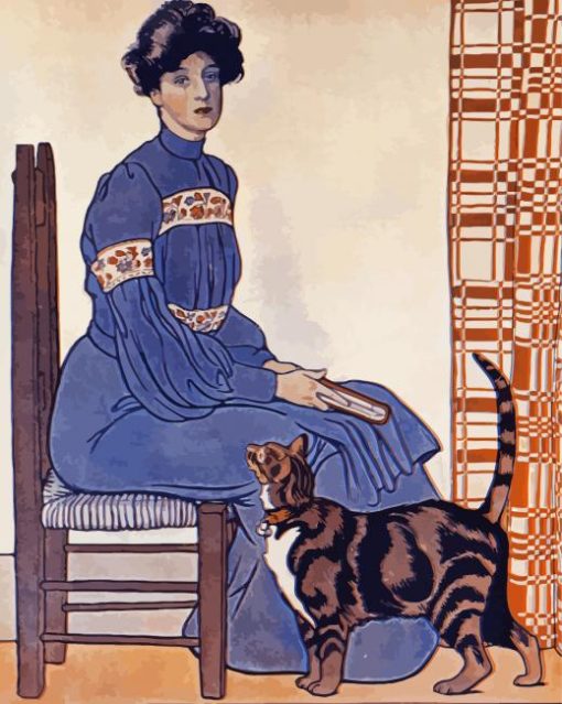 Vintage Woman In Chair With Cat Paint By Numbers